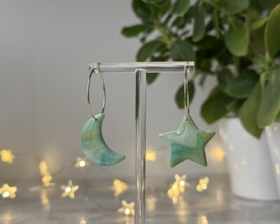 Cercei rotunzi, Gold Emerald Accents Moon & Star, Monsteria